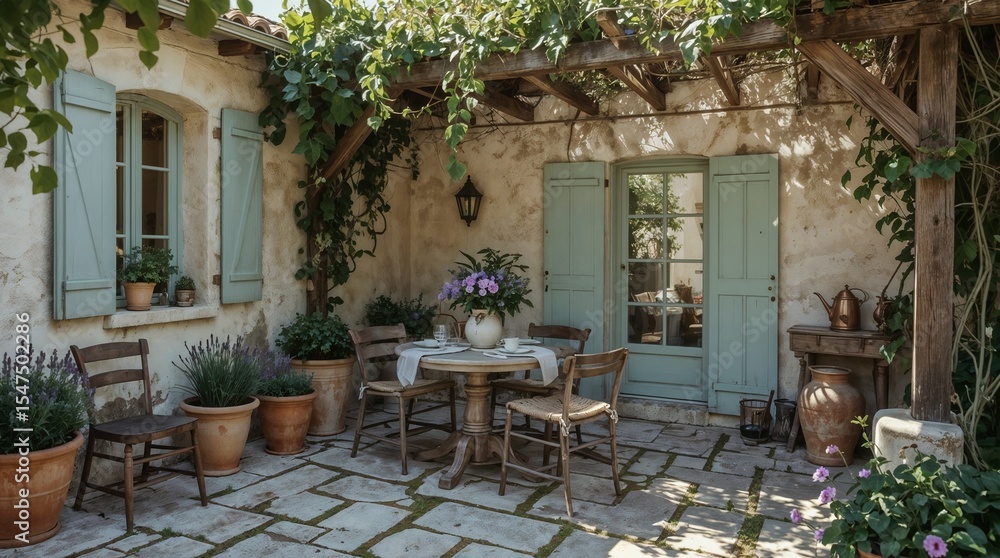 Obraz premium Elegant Mediterranean terrace with pergola and flowering garden arrangements