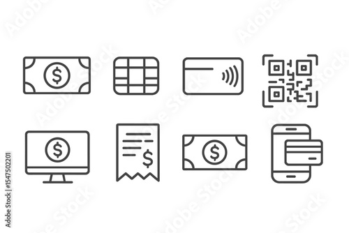Payment Method Icons. Line style icons of payment methods: cash icon, credit card chip, contactless pay, QR pay. online banking,