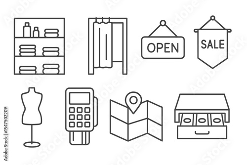 Retail Store Icons. Line style icons of retail store elements: display shelf, fitting room, open sign, sale banner. mannequin, POS