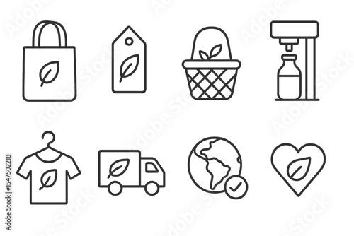 Eco Shopping Icons. Line style icons of eco shopping: reusable bag, eco label, package-free, refill station. secondhand item,