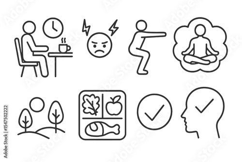 Burnout Prevention Icons. Line style icons of burnout prevention: break time, stress icon, yoga chair pose, meditation bubble.
