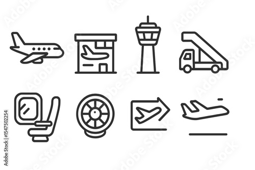 Air Transport Icons. Line style icons of air transport: airplane, airport, control tower, boarding stairs. window seat, jet engine