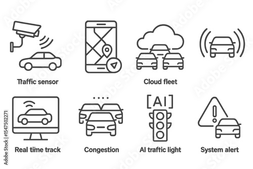 Smart Transport Icons. Line style icons of smart transport systems: traffic sensor, transport app, cloud fleet, connected vehicle.