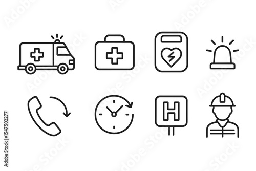 Emergency Response Icons. Line style icons of emergency response: ambulance, paramedic bag, AED device, siren icon. emergency