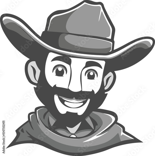 Smiling Cowboy Cartoon Character in Black and White