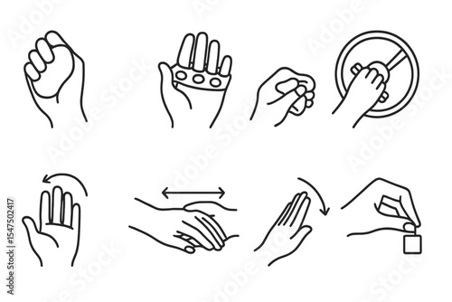 Hand Therapy Icons. Line style icons of hand therapy: grip ball, finger stretcher, putty icon, hand cycle. thumb movement, joint