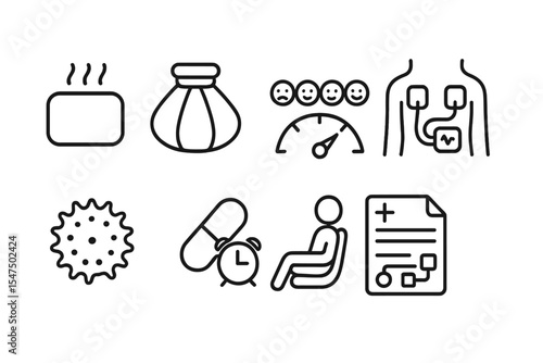 Pain Management Icons. Line style icons of pain management: heat pack, ice pack, pain scale, electric stim. massage ball,