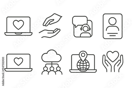 Online Volunteering Icons. Line style icons of online volunteering: laptop with heart, helping hands icon, remote support,