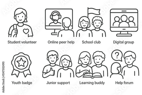 Youth Volunteering Icons. Line style icons of youth volunteering: student volunteer, online peer help, school club, digital group.