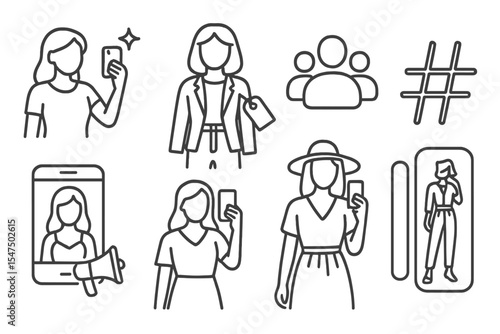 Fashion Iconography. Line style icons of fashion influencers: selfie pose, outfit tag, follower icon, hashtag. sponsored post,