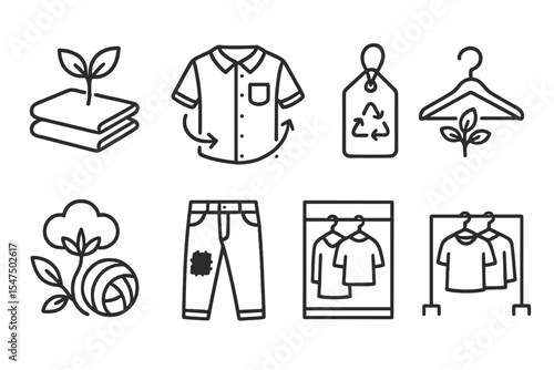 Sustainable Fashion Icons. Line style icons of sustainable fashion: eco fabric, second-hand shirt, recyclable tag, green hanger.