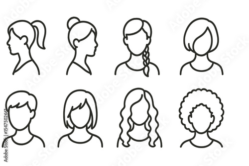 Women's Hairstyles Icons. Line style icons of women’s hairstyles: ponytail, bun, braid, bob cut. pixie cut, layered hair, long