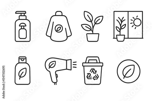 Eco Hair Salon Icons. Line style icons of eco hair salons: refillable bottle, biodegradable cape, plant decor, natural light.