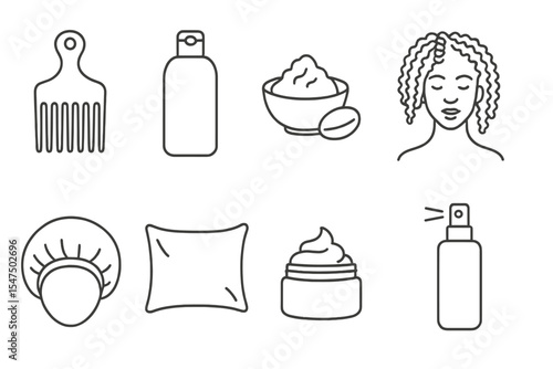 Natural Hair Care Icons. Line style icons of natural hair care: afro comb, co-wash bottle, shea butter, twist out. bonnet cap,