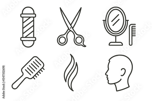 Hair Salon Icons. Line style icons of hair salon branding: barber pole, scissors icon, mirror logo, brush emblem. stylish font,