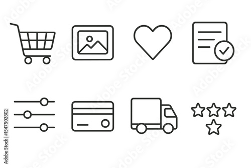Online Shopping Icons. Line style icons of online shopping apps: cart icon, product image, wishlist heart, order status. filter