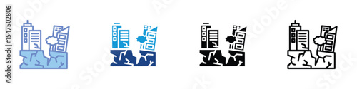 Earthquake Damage Icon Set - Collapsed Buildings and Cracked Ground Symbols in Color, Flat, and Outline Styles for Web and App Design
