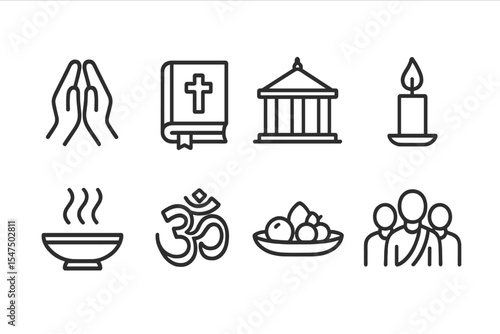 Religious Event Icons. Line style icons of religious events: prayer hands, holy book, temple, candle. incense, sacred symbol,