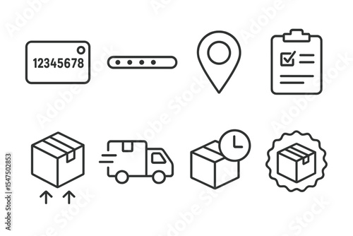 Parcel Tracking Icons. Line style icons of parcel tracking: tracking number, progress bar, map pin, status update. in transit icon