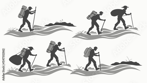 Hikers walking silhouettes with backpacks and trekking poles outdoor adventure journey illustration set