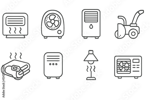 Seasonal Appliance Icons. Line style icons of seasonal appliances: electric heater, fan heater, air cooler, snow blower. heated