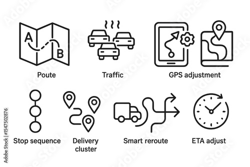 Route Optimization Icons. Line style icons of route optimization: route plan, traffic icon, GPS adjustment, waypoint. stop