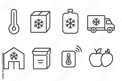 Cold Chain Icons. Line style icons of cold chain logistics: temperature icon, frozen goods box, ice pack, fridge van. cold