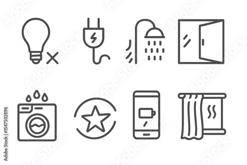 Low Energy Habits Icons. Line style icons of low energy habits: lights off, unplug devices, cold wash, energy star. short shower,