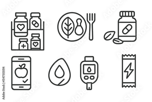 Health Shopping Icons. Line style icons of shopping for health: vitamins shelf, dietary food, fitness snack, supplement bottle.
