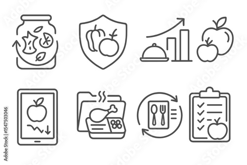 Future Food Icons. Line style icons of future food and nutrition: upcycled ingredients icon, rescued food badge, leftover
