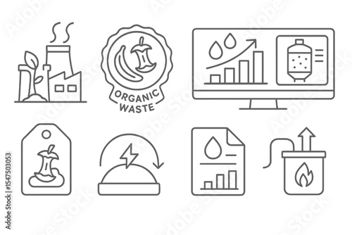 Climate Tech Icons. Line style icons of climate tech and green innovation: bioenergy plant icon, organic waste badge, methane