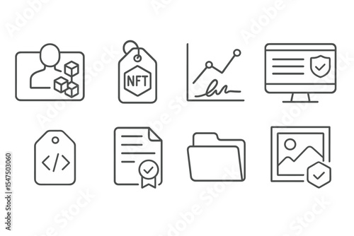Digital Art Line Icons. Line style icons of future digital art: blockchain artist ID icon, NFT tag badge, digital signature chart,