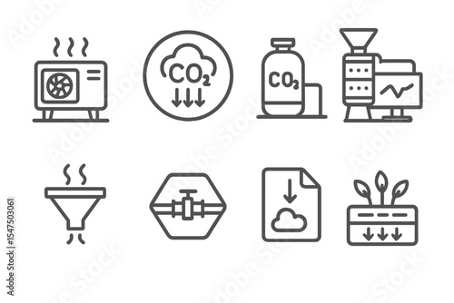 Climate Tech Icons. Line style icons of climate tech and green innovation: carbon capture machine icon, direct air capture badge,