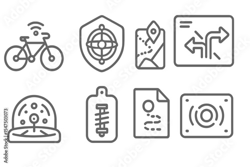 Future Mobility Icons. Line style icons of future mobility: autonomous bike icon, gyroscope balance badge, self-navigation chart,