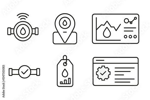 Urban Safety Icons. Line style icons of urban safety and smart infrastructure: smart water meter icon, consumption tracker badge,
