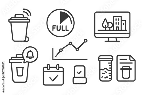Urban Smart Infrastructure Icons. Line style icons of urban safety and smart infrastructure: intelligent waste bin icon, full