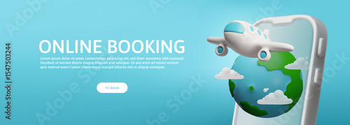 Airplane flight tickets online booking service advertising landing page3D cartoon vector design, passenger jet airplane
