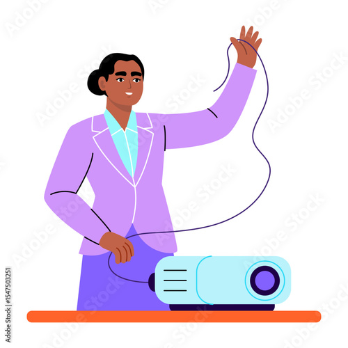 A flat style illustration showing student fixing projector