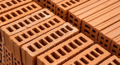 Close-up of stacked red clay hollow bricks