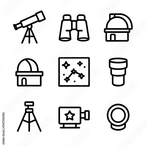 Astronomy Icons Set. Outline icon set of astronomy instruments: telescope, binoculars, sextant, observatory dome, star chart,