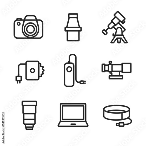 Astrophotography Gear Icons. Outline icon set of astrophotography gear: DSLR camera, telescope adapter, equatorial mount, tracking