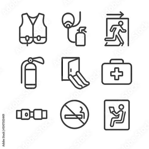 Aviation Safety Icons. Outline icon set of aviation safety: life vest, oxygen mask, emergency exit, fire extinguisher, evacuation