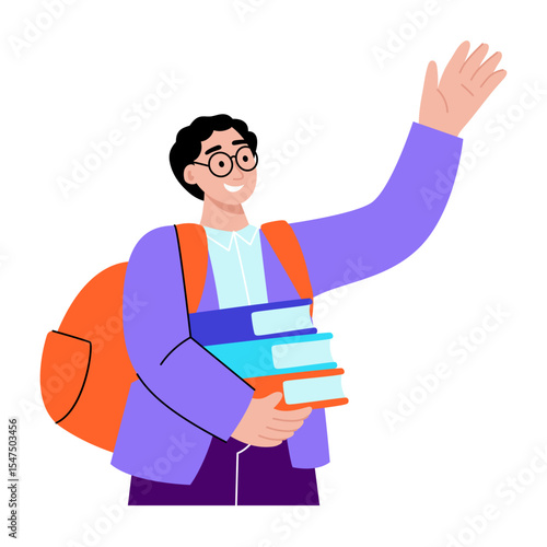A flat style illustration showing a student raising hand
