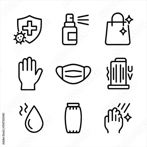 Bag Hygiene Icons. Outline icon set of bag hygiene and safety: antibacterial shield, sanitizer spray, clean bag icon, disposable