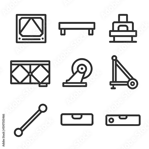Bailey Bridge Icon Set. Outline icon set of temporary Bailey bridge setup: modular panel, transom, bearing block, base plate,