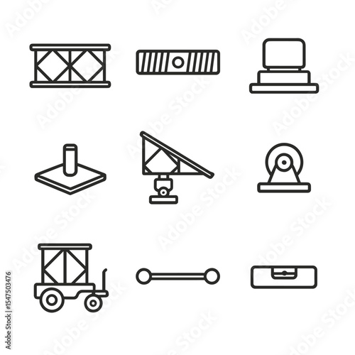 Bailey Bridge Icon Set. Outline icon set of temporary Bailey bridge setup: modular panel, transom, bearing block, base plate,