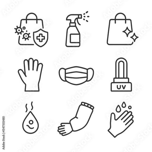 Bag Hygiene Icons. Outline icon set of bag hygiene and safety: antibacterial shield, sanitizer spray, clean bag icon, disposable