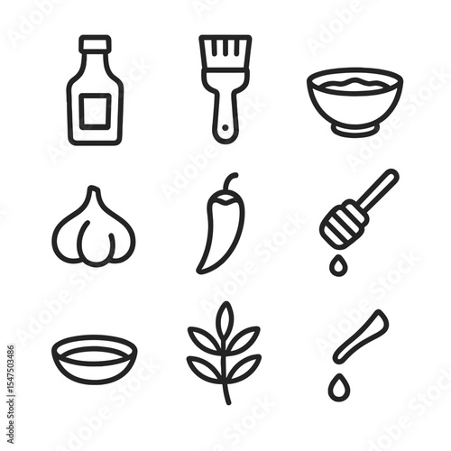 Barbecue Sauce Icons. Outline icon set of barbecue sauces and marinades: barbecue sauce bottle, basting brush, marinade bowl,