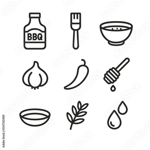 Barbecue Sauce Icons. Outline icon set of barbecue sauces and marinades: barbecue sauce bottle, basting brush, marinade bowl,