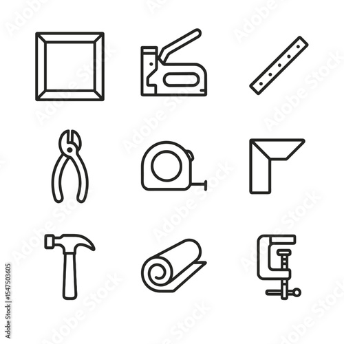 Canvas Tool Icons. Outline icon set of canvas stretching tools: stretcher bars, canvas stapler, tack strip, pliers, measuring tape